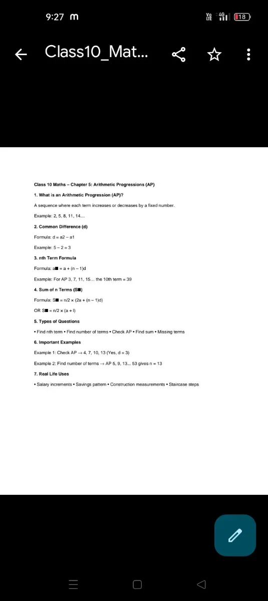 Class 10th ch-5th Arithmetic progression notes clena 